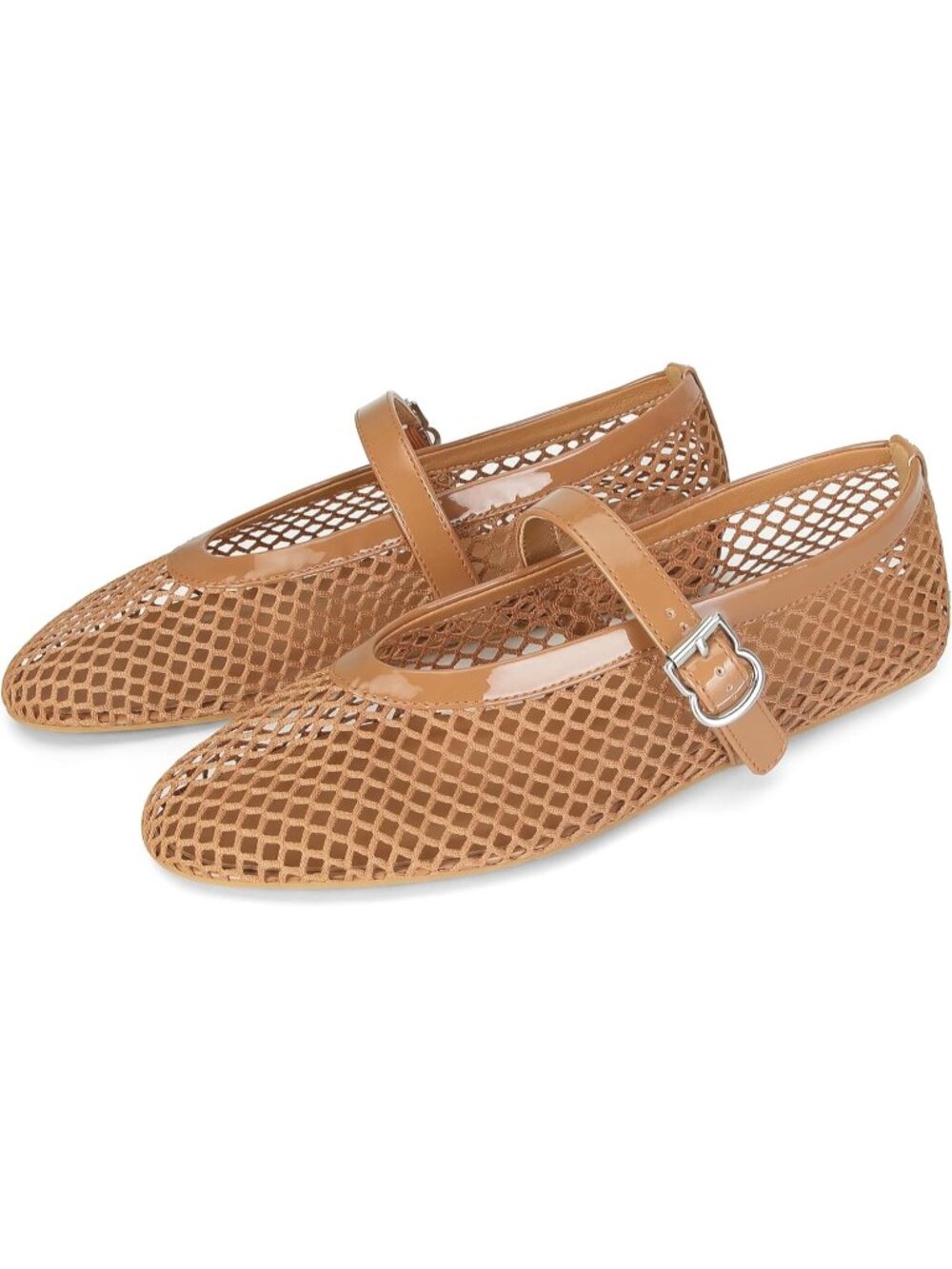 Women's Brown Rubber Sole Casual Buckle Strap Comfy Fishnet Ballerina Flat Shoes